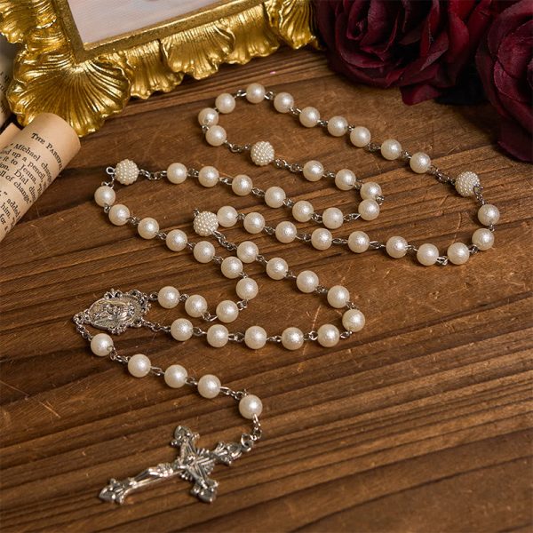 Our Lady Medal & Crucifix of 8mm White Acrylic Round Beads Rosary
