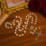 Our Lady Medal & Crucifix of 8mm White Acrylic Round Beads Rosary