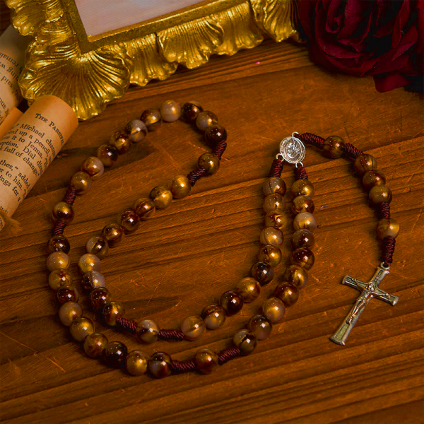 Our Lady Medal & Crucifix of 10mm Brown Acrylic Round Beads Divine Rosary