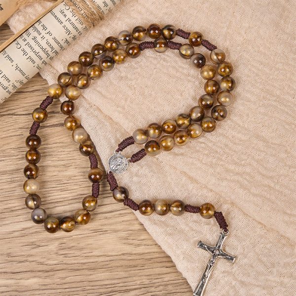 Our Lady Medal & Crucifix of 10mm Brown Acrylic Round Beads Divine Rosary