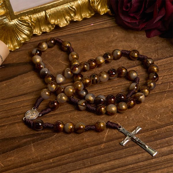 Our Lady Medal & Crucifix of 10mm Brown Acrylic Round Beads Divine Rosary