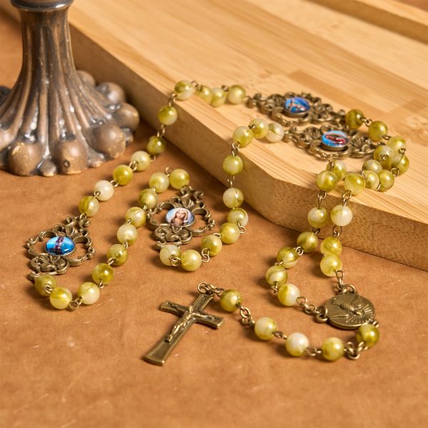 Holy Spirit & Crucifix of Special Vintage Metal Decade 8mm Yellow Green Beads Rosary