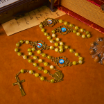Holy Spirit & Crucifix of Special Vintage Metal Decade 8mm Yellow Green Beads Rosary