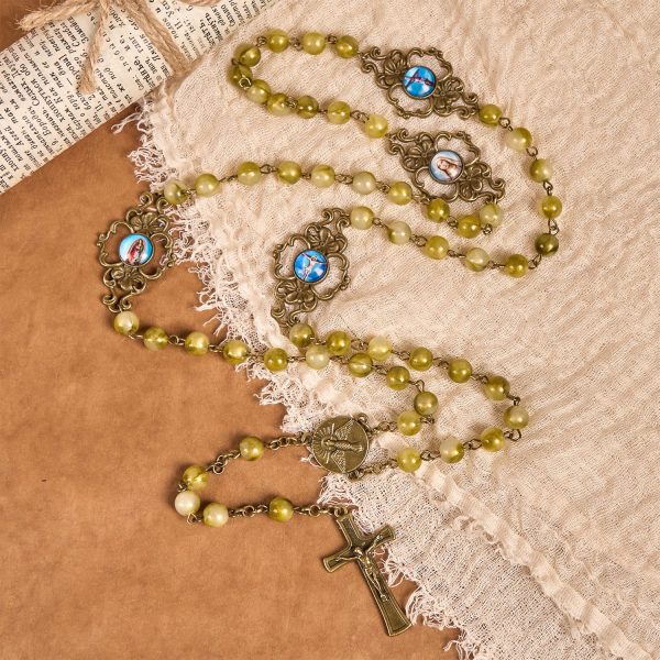 Holy Spirit & Crucifix of Special Vintage Metal Decade 8mm Yellow Green Beads Rosary