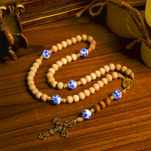 Handmade Wooden Ceramics Beads Miraculous Medal & Crucifix Rosary
