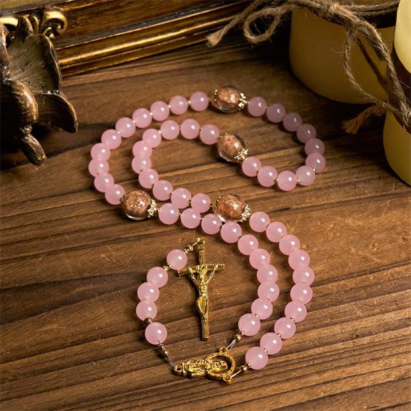 Christianartworkshop PRAYERFUL FAITH: Handmade Pink Chalcedony & Porcelain Golden Sand Beads Rosary