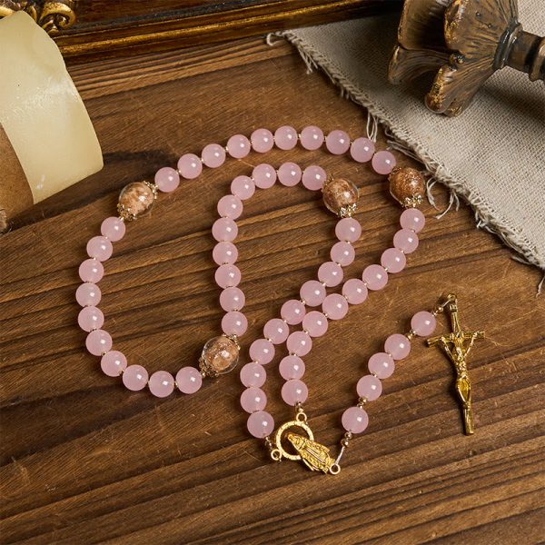 Christianartworkshop PRAYERFUL FAITH: Handmade Pink Chalcedony & Porcelain Golden Sand Beads Rosary