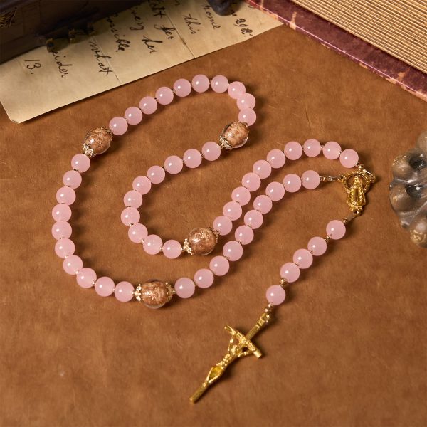 Christianartworkshop PRAYERFUL FAITH: Handmade Pink Chalcedony & Porcelain Golden Sand Beads Rosary