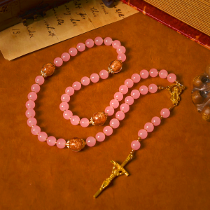 Handmade Pink Chalcedony & Porcelain Golden Sand Our Father Beads Prayer Rosary