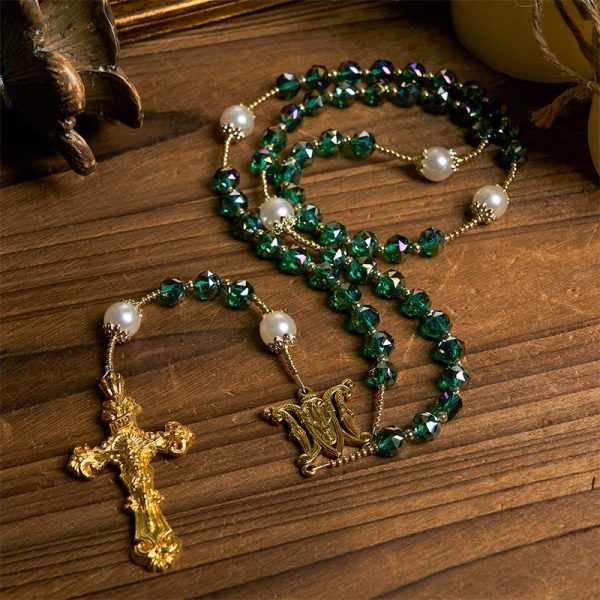 Christianartworkshop Handmade Emerald Green Crystal & Pearl Our Father Beads Divine Grace Rosary