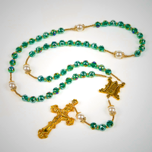 Handmade Emerald Green Crystal & Pearl Our Father Beads Divine Grace Rosary