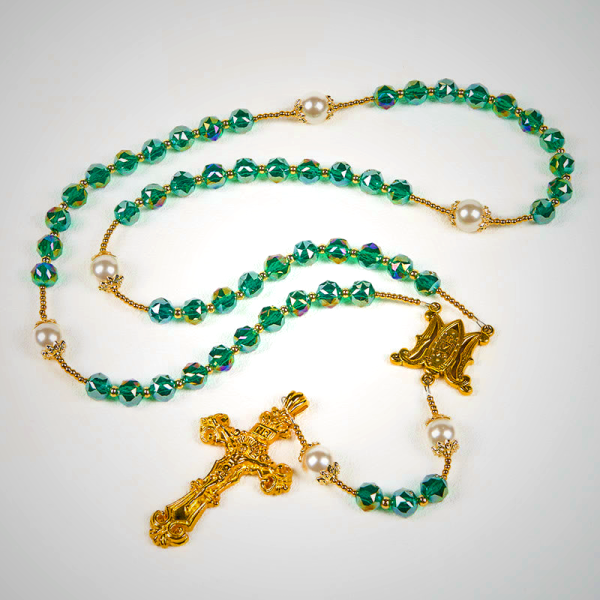 Handmade Emerald Green Crystal & Pearl Our Father Beads Divine Grace Rosary