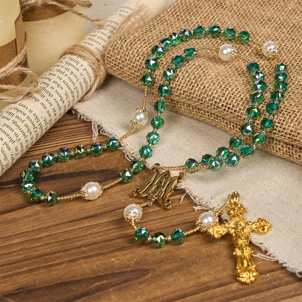 Christianartworkshop Handmade Emerald Green Crystal & Pearl Our Father Beads Divine Grace Rosary