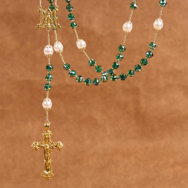 Christianartworkshop Handmade Emerald Green Crystal & Pearl Our Father Beads Divine Grace Rosary