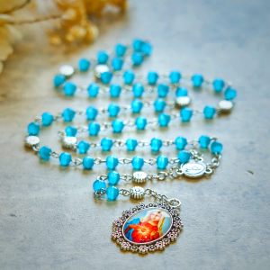 Immaculate Heart of Mary 6mm Glass Shiny Beads Lake Blue 7 Sorrows Rosary