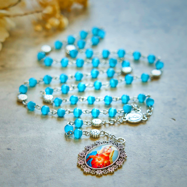 Immaculate Heart of Mary 6mm Glass Shiny Beads Lake Blue 7 Sorrows Rosary