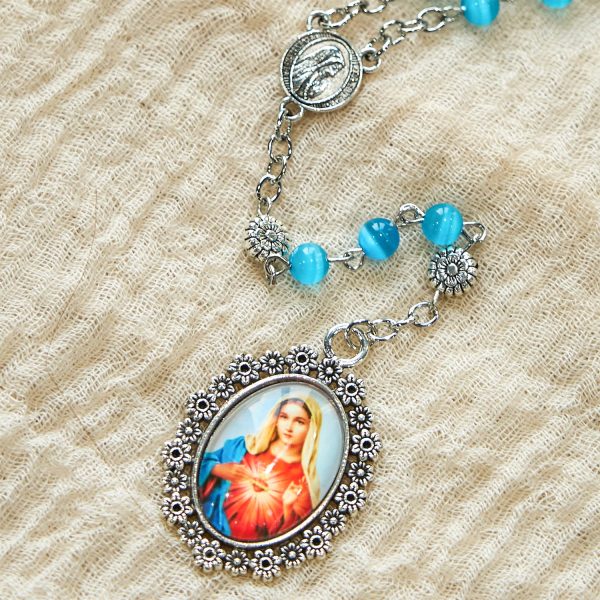 Immaculate Heart of Mary 6mm Glass Shiny Beads Lake Blue 7 Sorrows Rosary