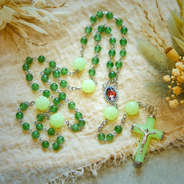 Jade & Luminous Rose Our Father Beads Glowing Faith Rosary: A Divine Companion