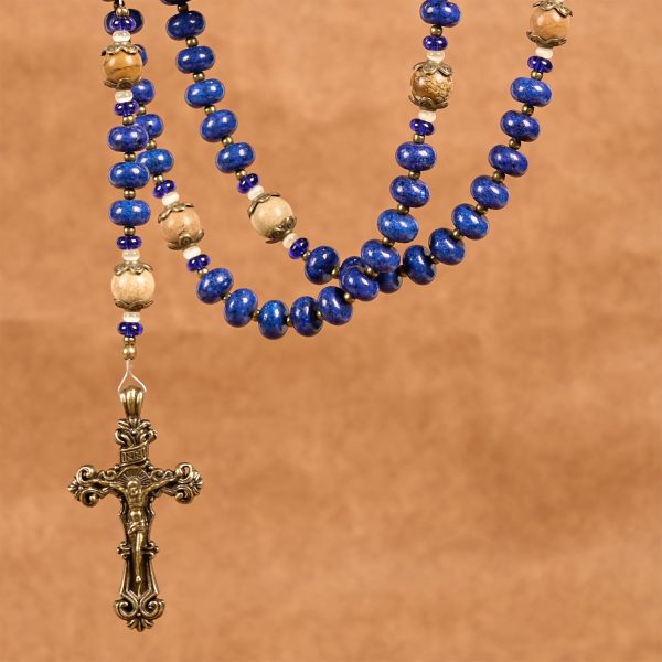 Christianartworkshop Handmade St. Therese of Lisieux Medal & Crucifix 8*10mm Oblate Lapis Lazuli & Map Stone Rosary