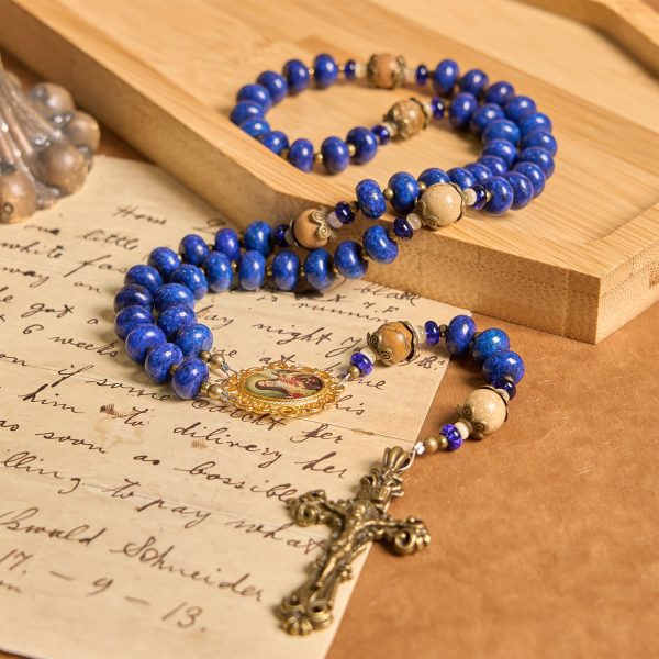 Christianartworkshop Handmade St. Therese of Lisieux Medal & Crucifix 8*10mm Oblate Lapis Lazuli & Map Stone Rosary
