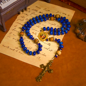 Handmade St. Therese of Lisieux Medal & Crucifix 8*10mm Oblate Lapis Lazuli & Map Stone Rosary