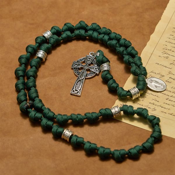 Christianartworkshop PRAYERFUL FAITH: St. Patrick Medal Dark Green Handmade Paracord Knotted Rosary