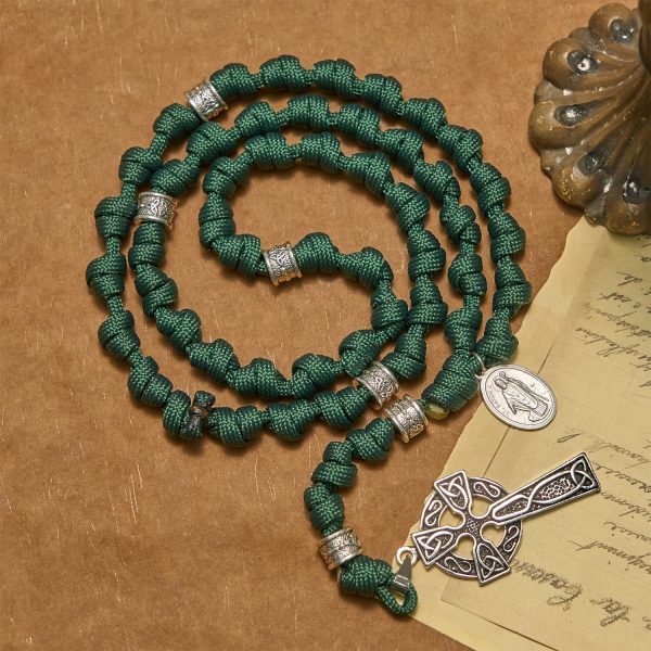 Christianartworkshop PRAYERFUL FAITH: St. Patrick Medal Dark Green Handmade Paracord Knotted Rosary