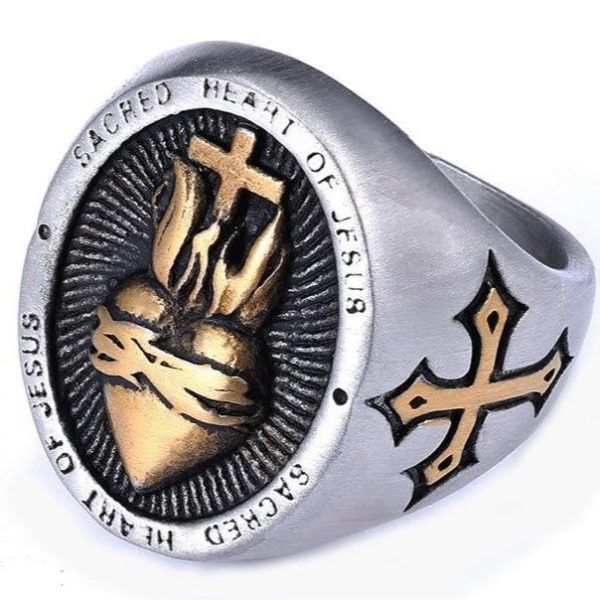 Christianartworkshop 3 Colors Sacred Heart Of Jesus Cross Faith Spirit Blessing Ring