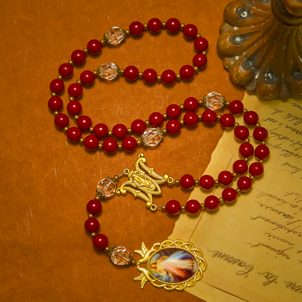 Handmade Rosary with Cinnabar Beads and Jesus Medal – A Divine Emblem of Faith's Devotion