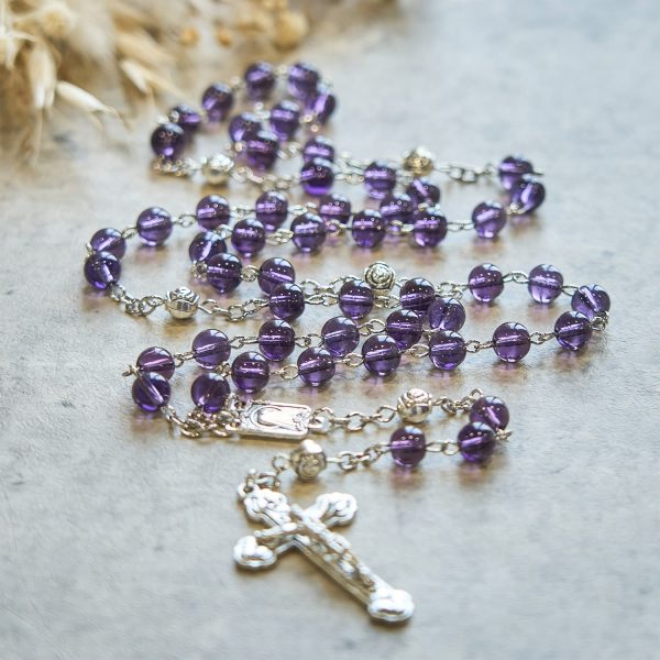 Clear Purple Glass Beads Devotion Rosary with Rose Our Father Beads