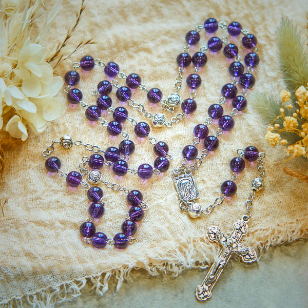 Clear Purple Glass Beads Devotion Rosary with Rose Our Father Beads