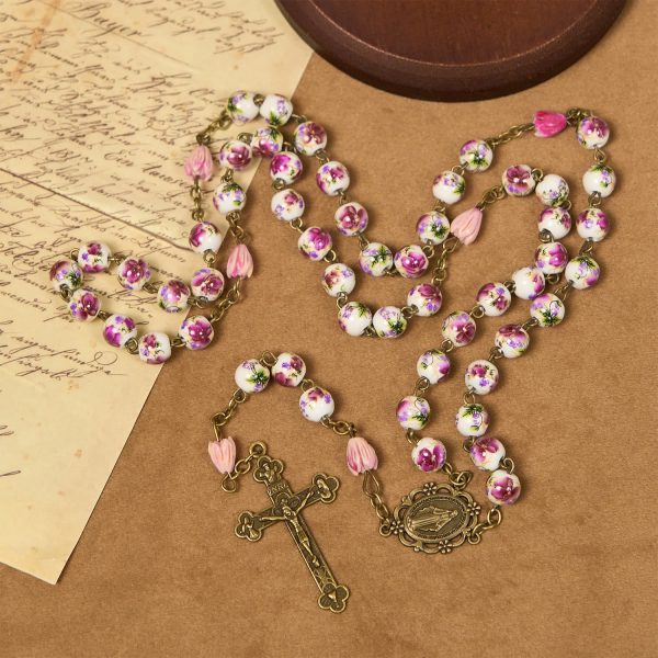 Christianartworkshop Miraculous Medal & Crucifix of 8mm Ceramic Beads & Flower Resin Beads Handmade Rosary