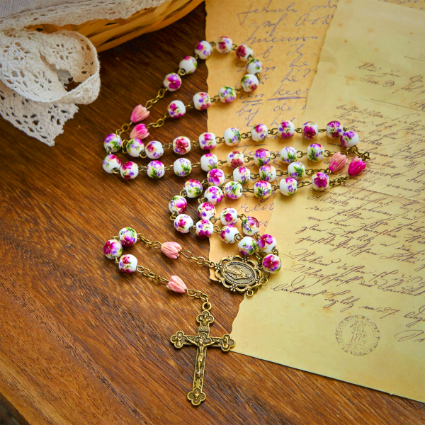 Miraculous Medal & Crucifix of 8mm Ceramic Beads & Flower Resin Beads Handmade Rosary
