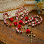 Miraculous Medal & Crucifix of 8mm Ceramic Beads & Rose Cinnabar Beads Handmade Rosary