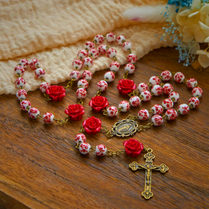 Miraculous Medal & Crucifix of 8mm Ceramic Beads & Rose Cinnabar Beads Handmade Rosary
