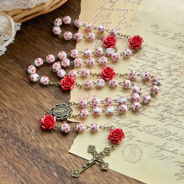 Christianartworkshop Miraculous Medal & Crucifix of 8mm Ceramic Beads & Rose Cinnabar Beads Handmade Rosary