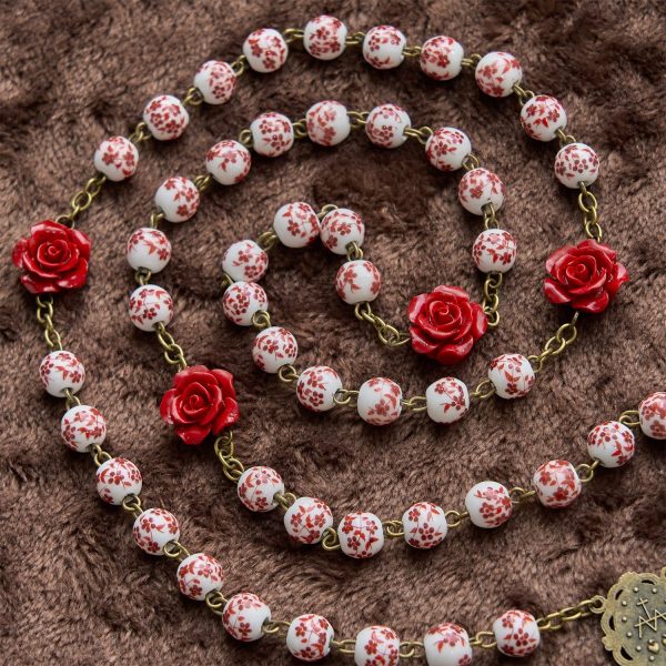 Christianartworkshop Miraculous Medal & Crucifix of 8mm Ceramic Beads & Rose Cinnabar Beads Handmade Rosary