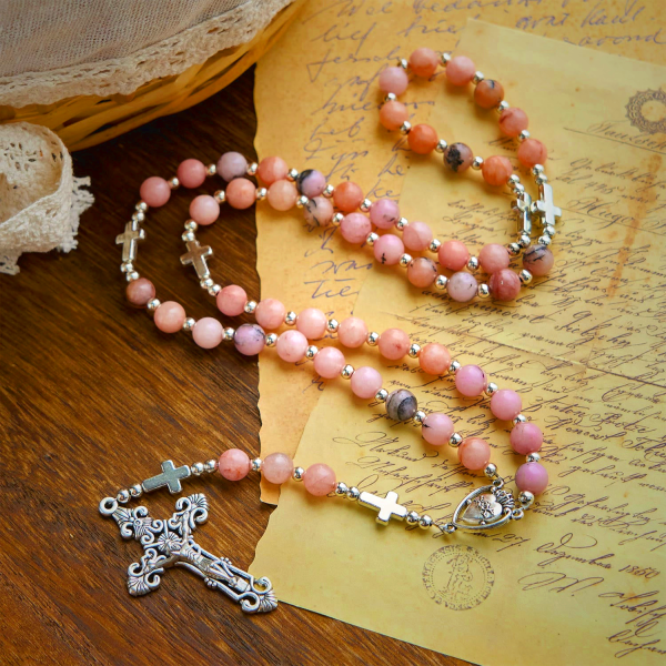 Handmade Rosary with Pink Round Beads & Crucifix – A Floral Tribute to the Sacred Heart
