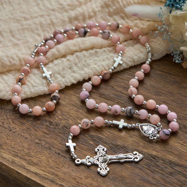 Christianartworkshop Handmade Rosary with Pink Round Beads & Crucifix – A Floral Tribute to the Sacred Heart