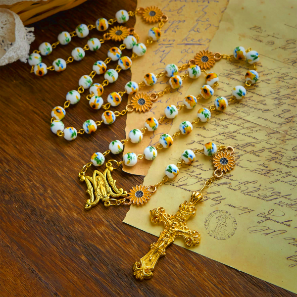 Handmade Sunflower-Inspired Rosary: A Divine Creation with Yellow Floral Beads
