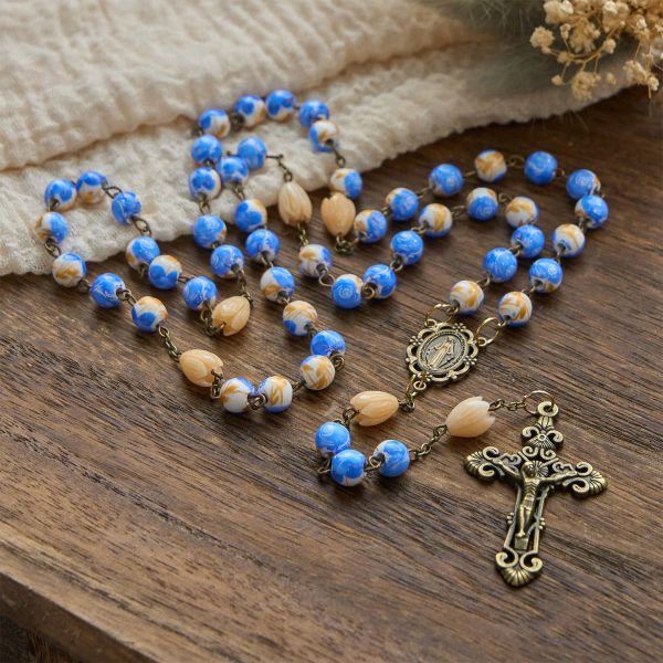 Handmade Floral Rosary with Blue Rose Beads & Lily of Valley: A Peaceful Companion