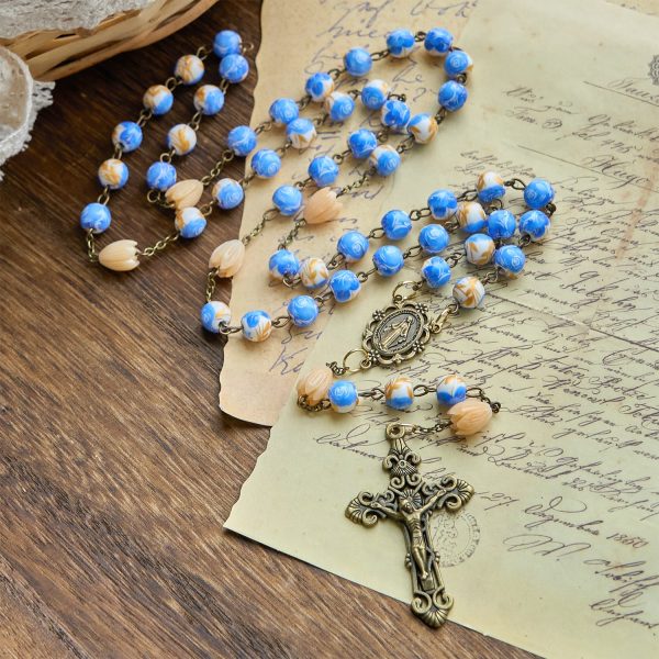 Jesus Is The Gift: Handmade Floral Rosary with Blue Rose Beads & Lily of Valley