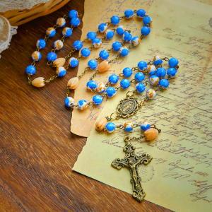 Handmade Floral Rosary with Blue Rose Beads & Lily of Valley: A Peaceful Companion