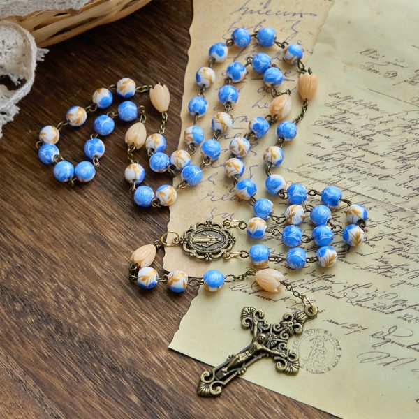 Handmade Floral Rosary with Blue Rose Beads & Lily of Valley: A Peaceful Companion