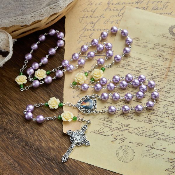 PRAYERFUL FAITH: Handmade Purple Pearl & Flower Divine Mercy Rosary with Gift Card