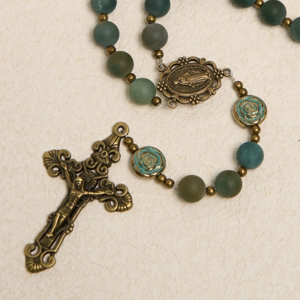 Green Agate Prayer Rosary with Bronze Rose Accents: A Sacred Journey of Healing and Faith