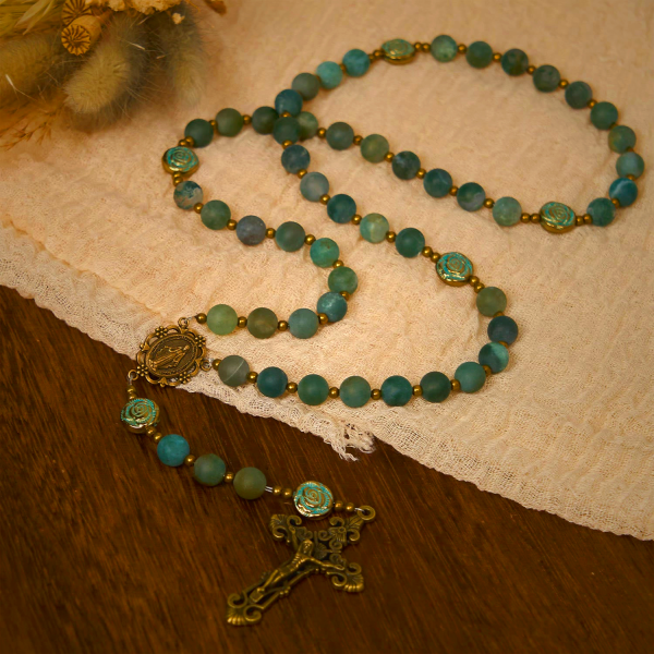 Green Agate Prayer Rosary with Bronze Rose Accents: A Sacred Journey of Healing and Faith