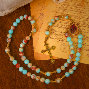 Aqua Stone Prayer Rosary with Gold Accents: A Divine Source of Peace and Devotion