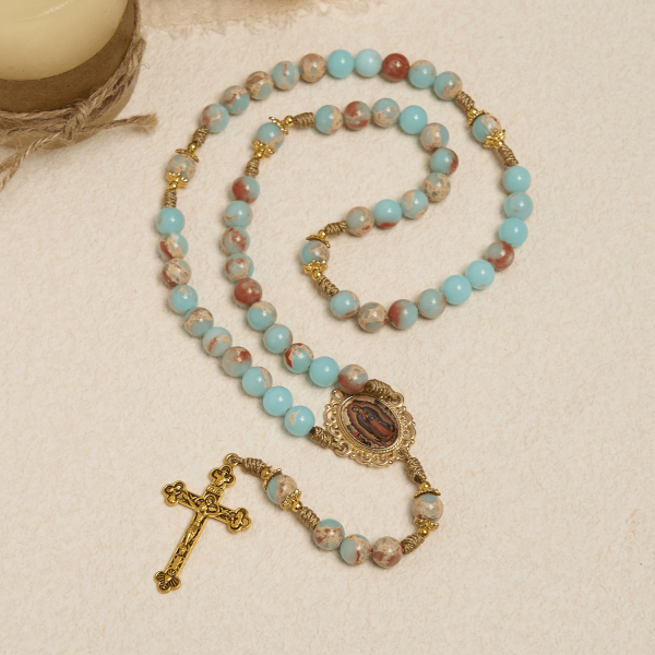 Christianartworkshop Aqua Stone Prayer Rosary with Gold Accents: A Divine Source of Peace and Devotion