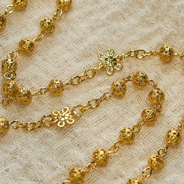 Christianartworkshop Sacred Heart of Jesus & Crucifix of 6mm Golden Metal Ball Flower Rosary